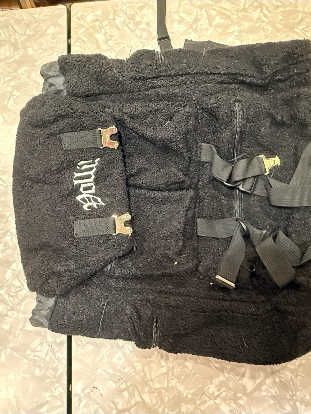 Black Fuzzy Sherpa Backpack with Buckle Straps